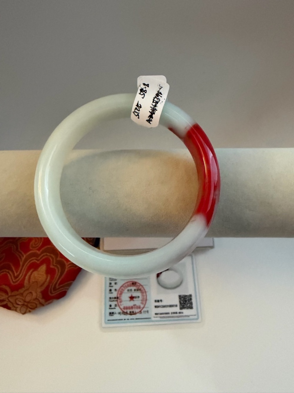 Authentic Icy White and Red Jade Bangle Bracelet - Picture 6 of 8